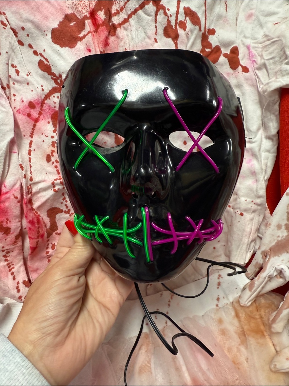 Purge Black Light Up LED Stitch Mask with Women’s Sz M Bloody Dress Costume